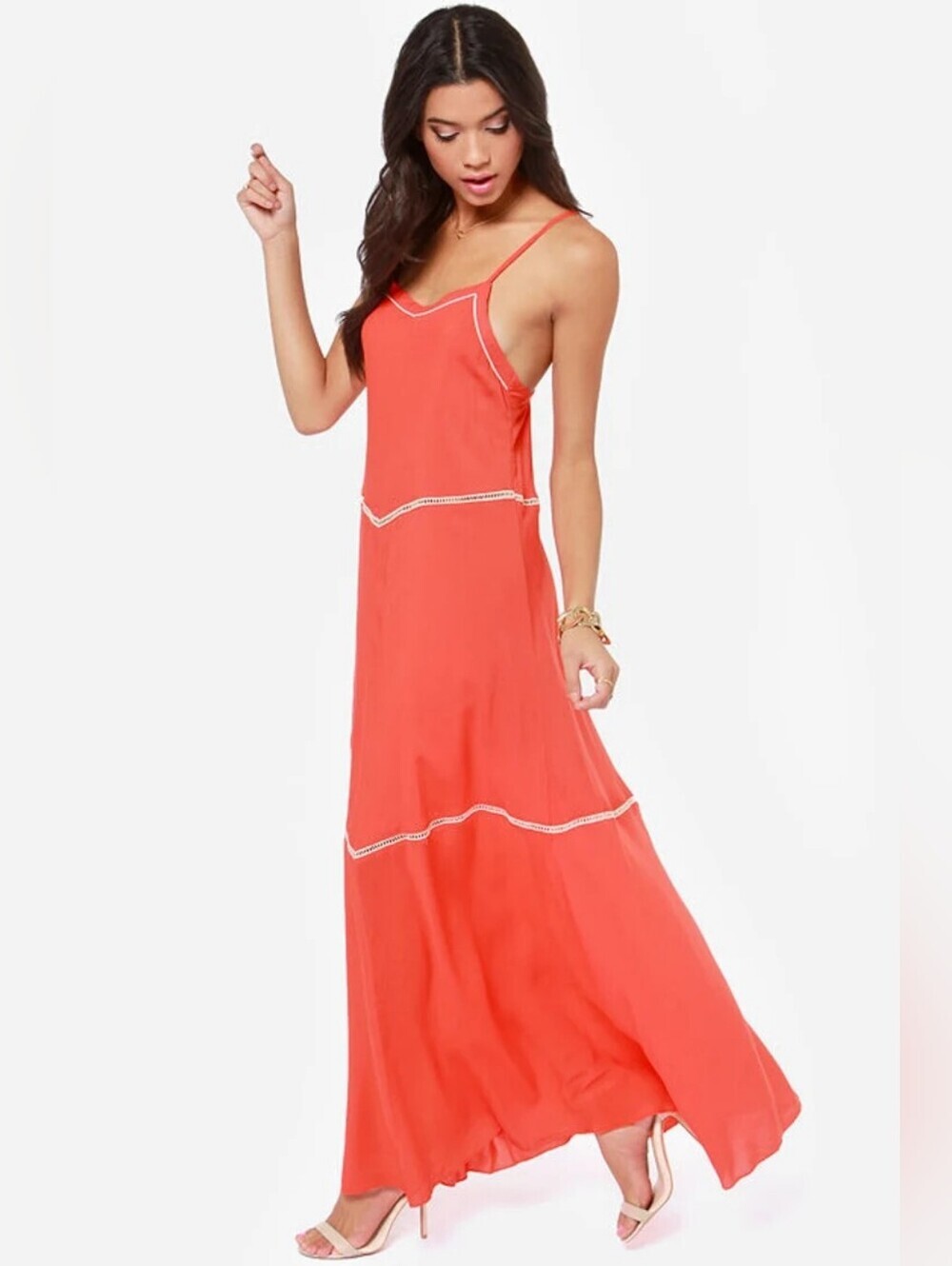 O'Neill Birdie Coral Maxi Dress Spaghetti Adjustable Strap Flowy Boho Chic Sz S